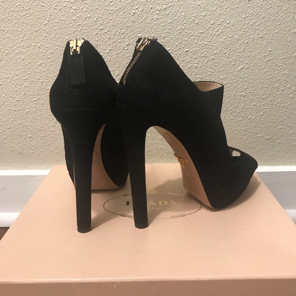 Prada Black Suede Peep Toe Heels, Size 37 - Picture 4 of 6